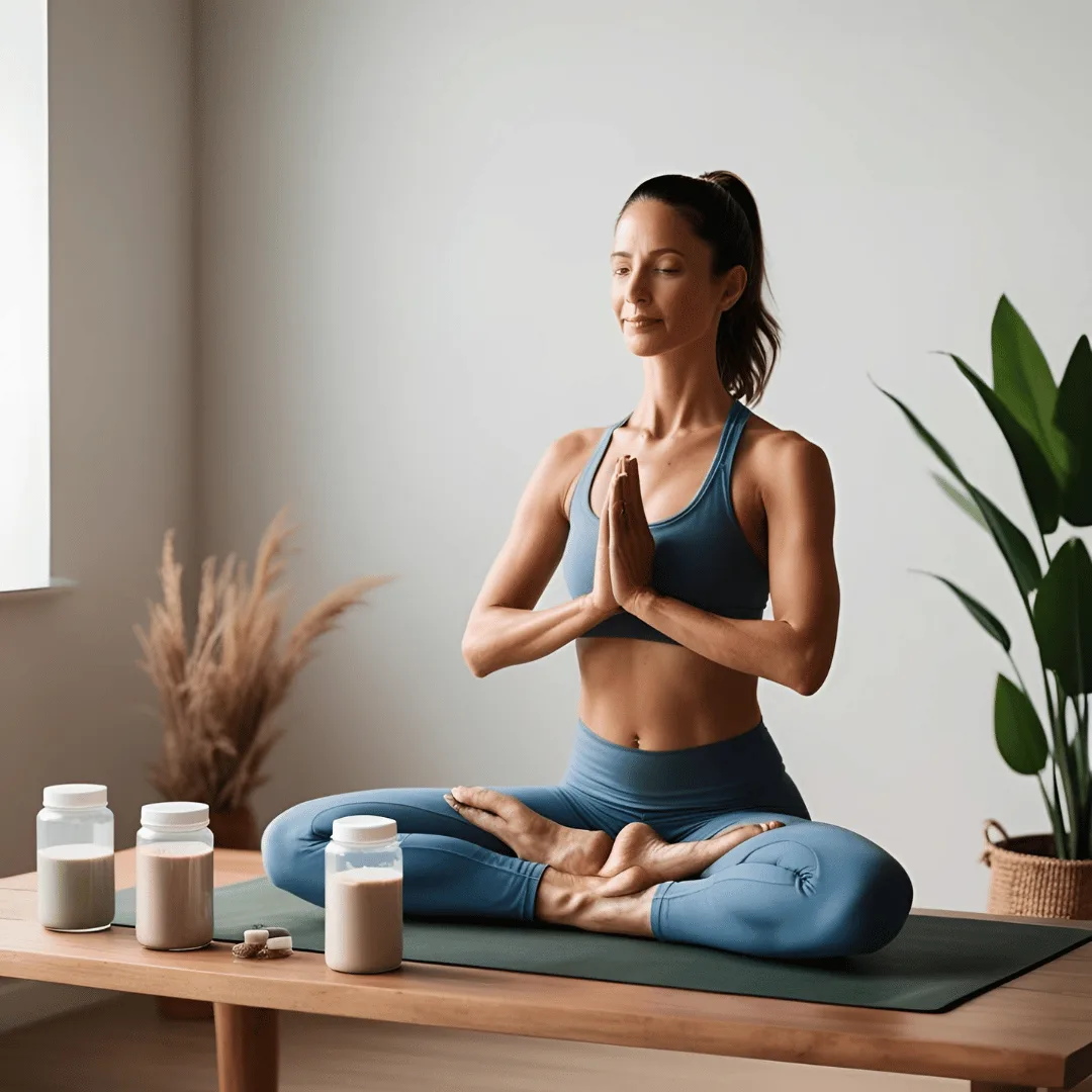 A serene woman practicing yoga with Herbalife shakes and supplements on a wooden table, soft natural lighting, wellness vibe.